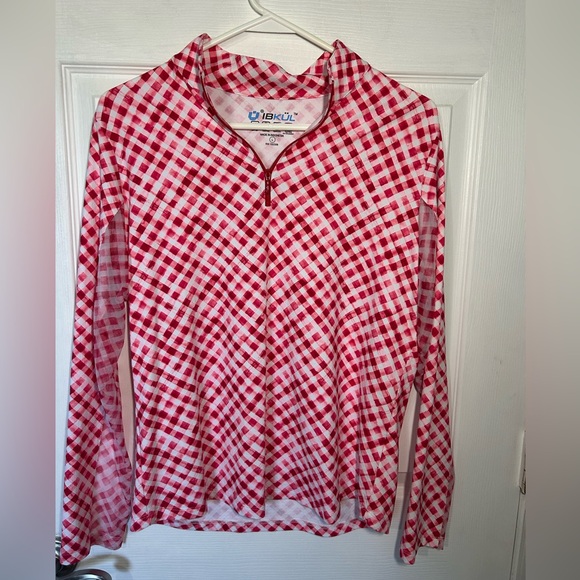 IBKUL Women's Large Gingham Check Print Long Sleeve Mock Neck Red White 1/4 Zip - Picture 2 of 10